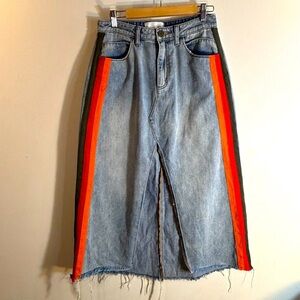 ONE TEASPOON Sz 26 Denim Midi Skirt with Colourful Accent Stripes Slit Raw Hem